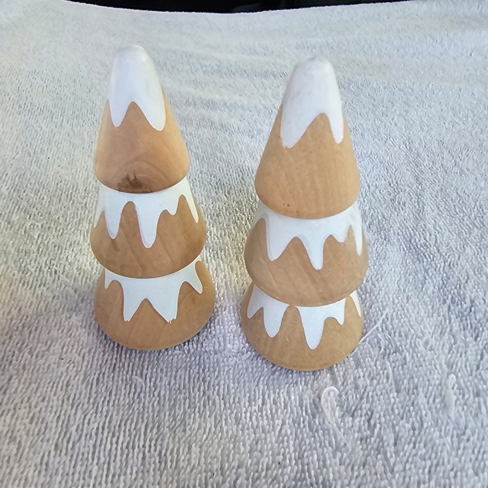 Set of 2 Wooden Snow Capped Mountain Peak Figurines Rustic Nursery Decor